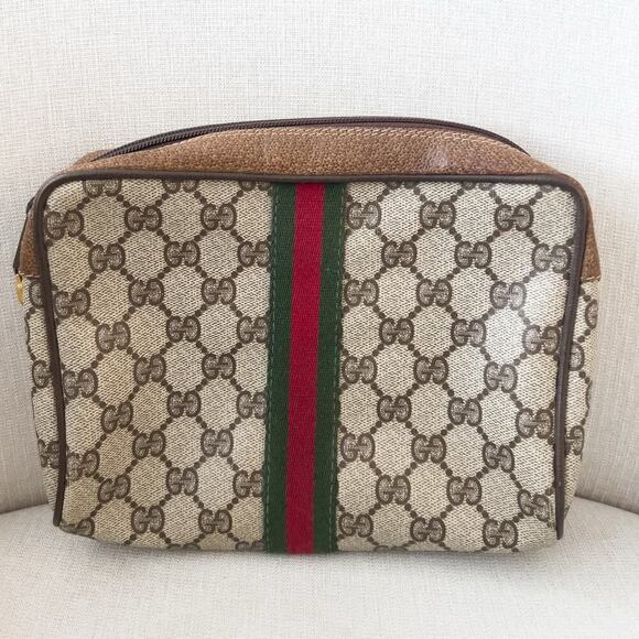 Vintage Gucci Bag Toiletry Clutch Brown GG Logo Tan Zip 80's - Picture 1 of 13